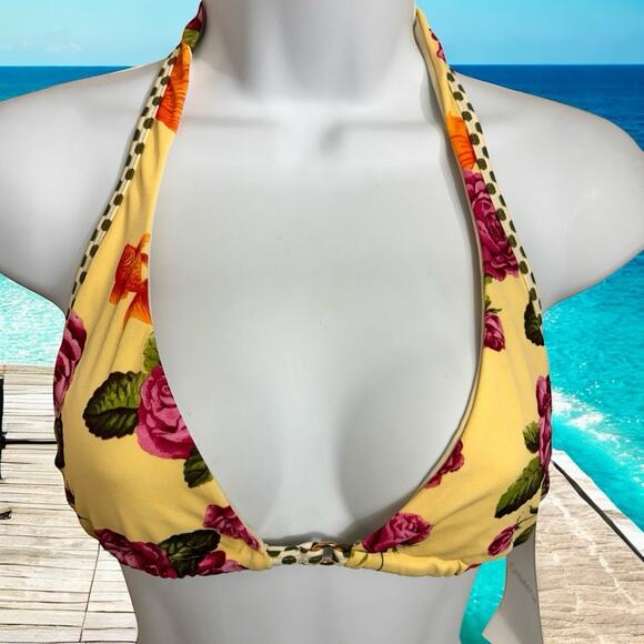 OndadeMar Triangle Bikini Top Sz 12 Rose Polka Dot Swimwear Adjustable Ties New - Picture 1 of 9